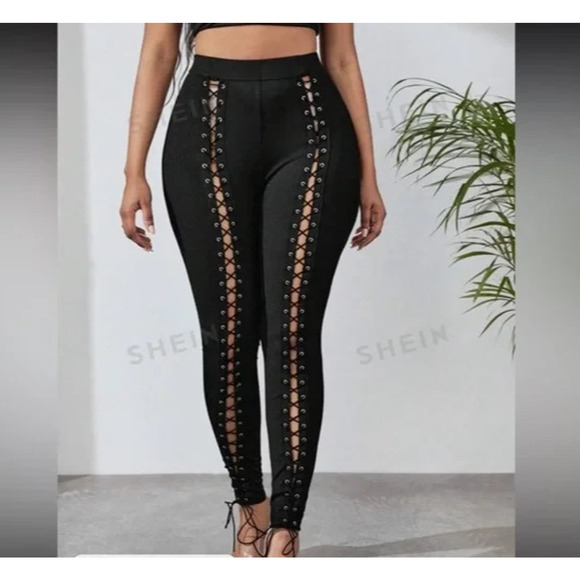 SHEIN Pants - Shein Black Lace Up Leggings Sz Large Stretch Ribbed Adjustable Cutout New